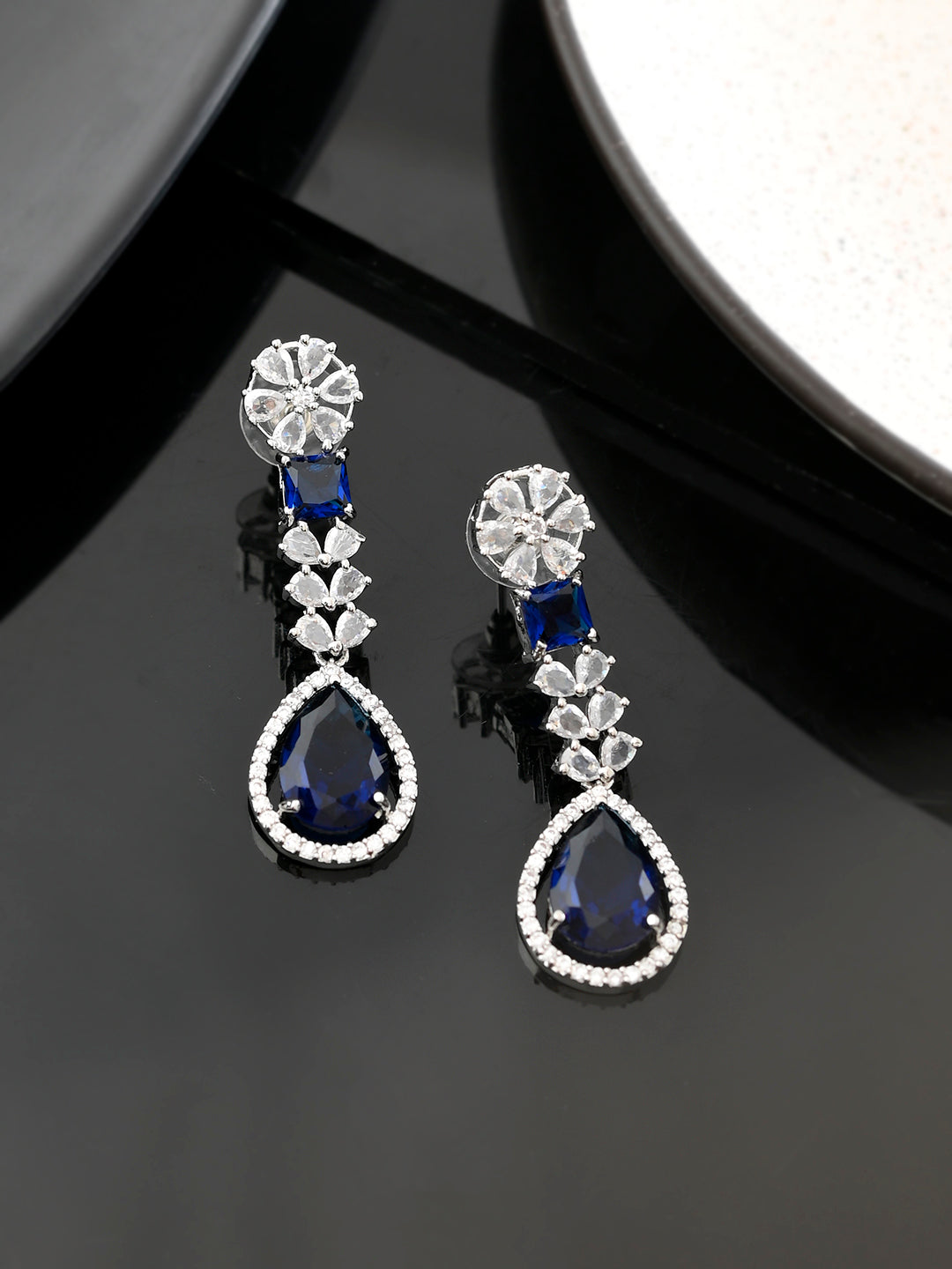 Stylish Silver Plated Blue American Dimond Drop Earrings (SBE32MC_689)