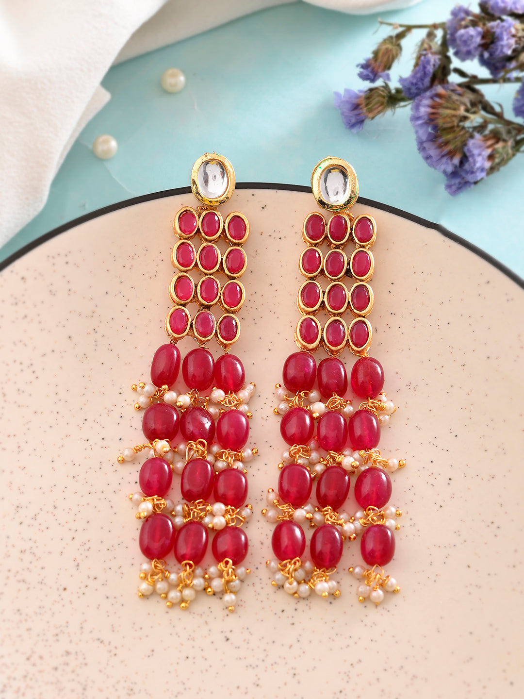 Stylish Red Beaded And Gold Pearl Long Dangler Earrings