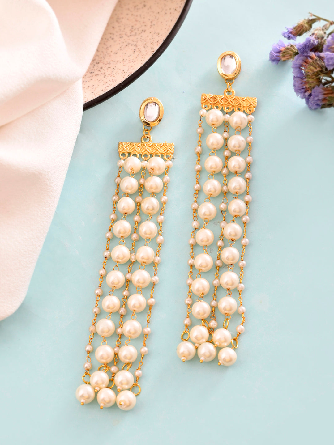 Stylish Gold-Plated Brass & Pearl Long Drop Earrings