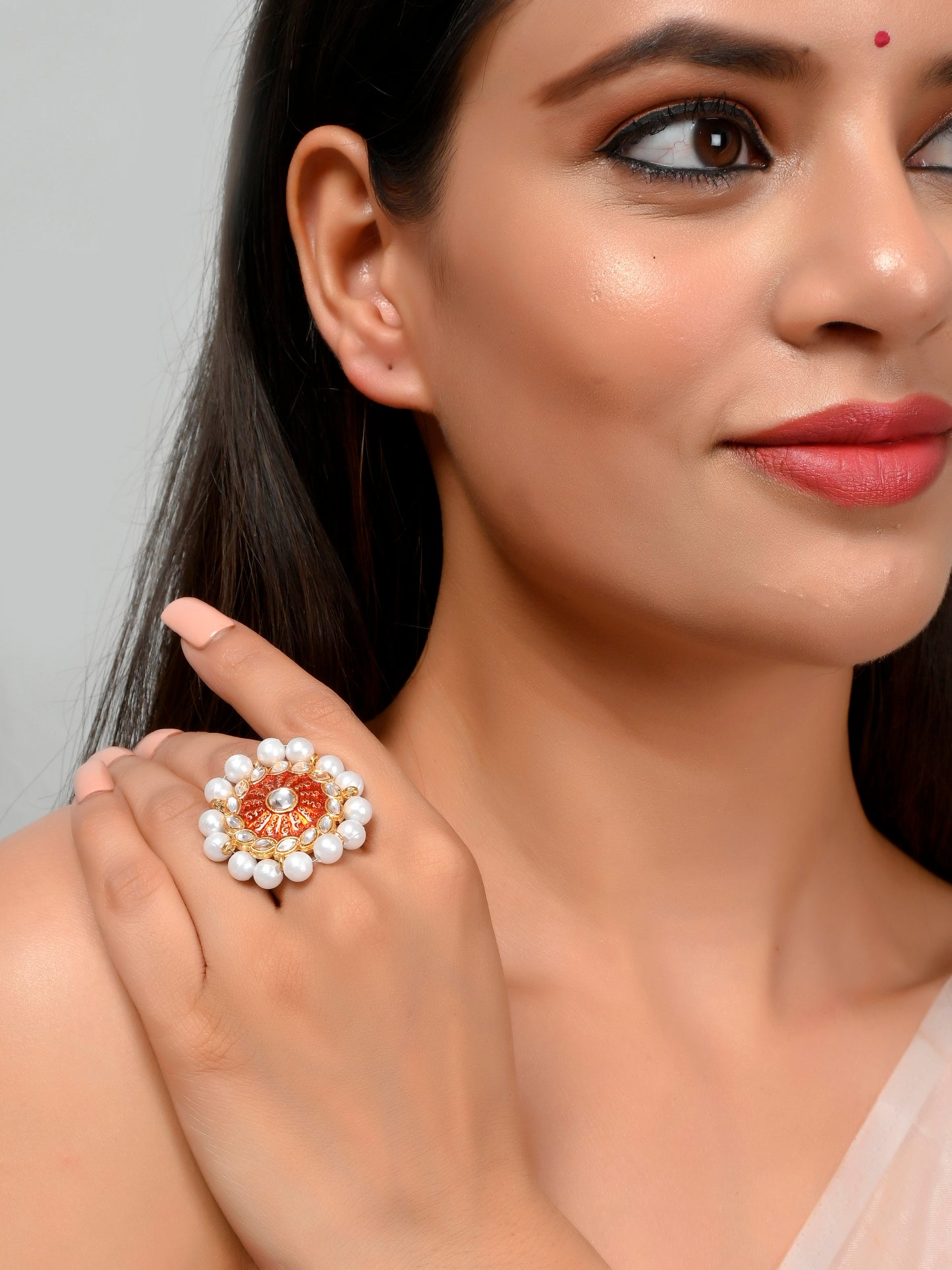 Set of 2 Gold Plated Pink & Red Meenakari Pearl Beaded Finger Ring