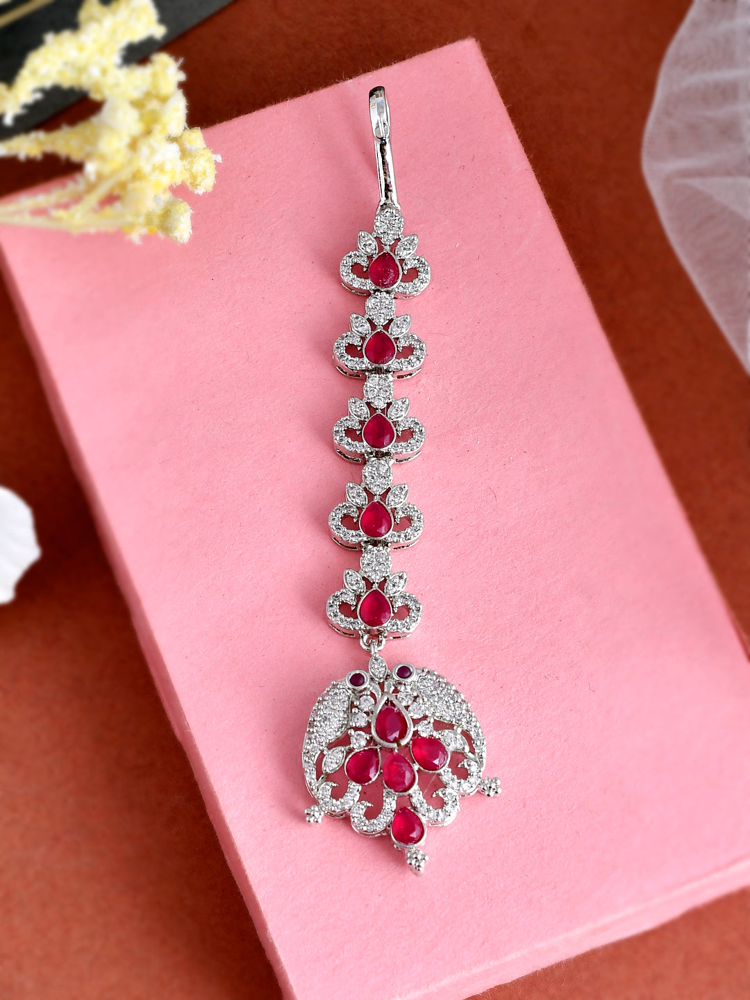 American Diamond Ruby Red Maang Tikka