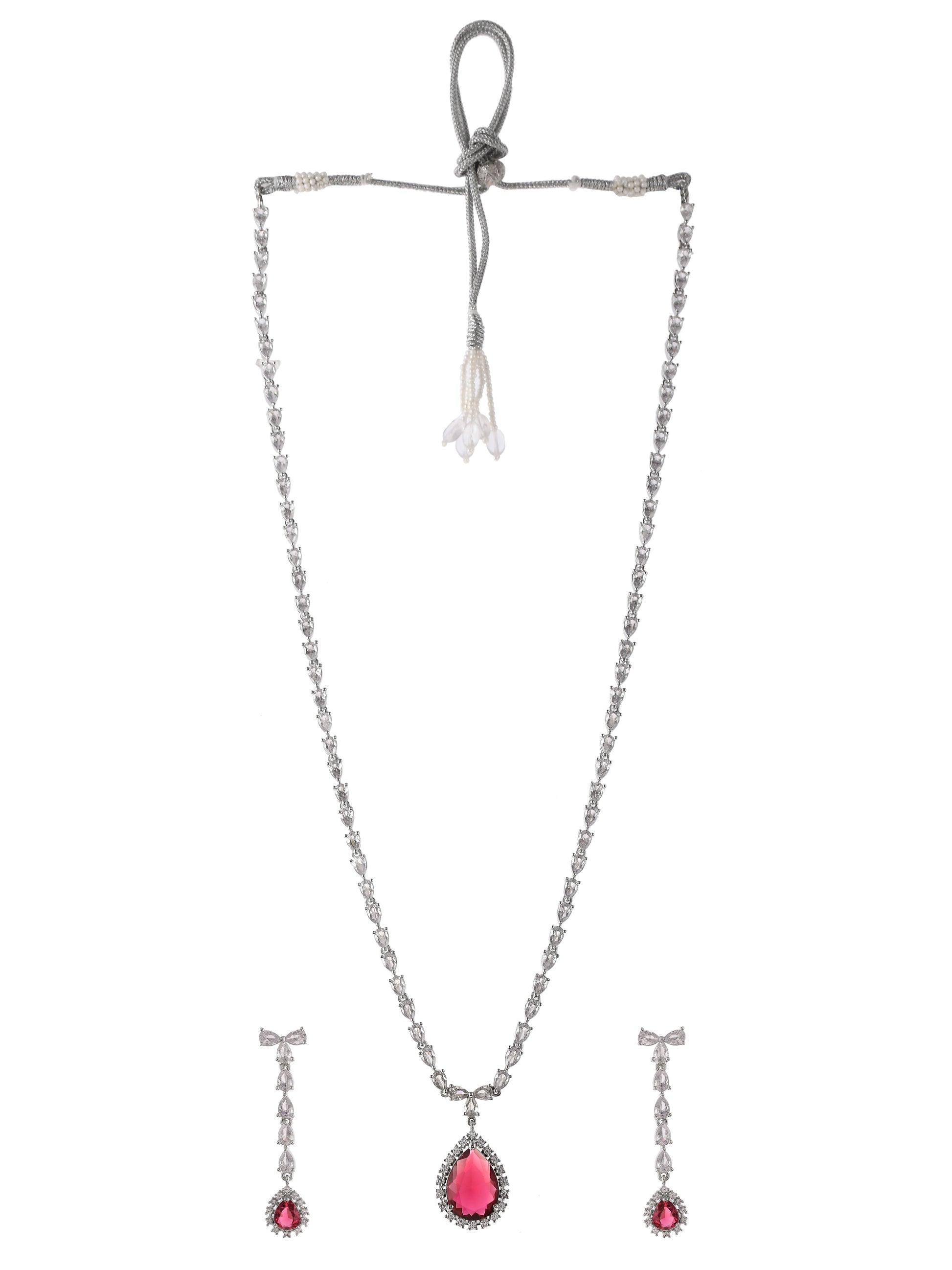 Silver Plated American Diamond Long Necklace Jewellery Set