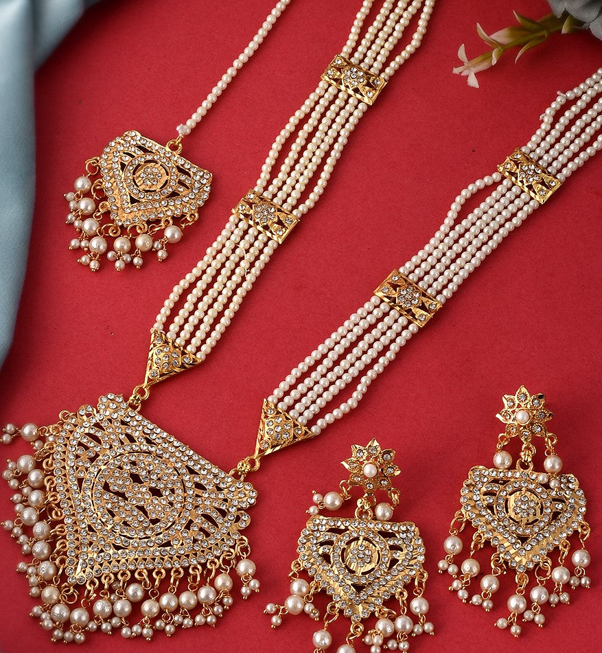 Gold and Pearl Bridal Necklace Set with Matching Earrings