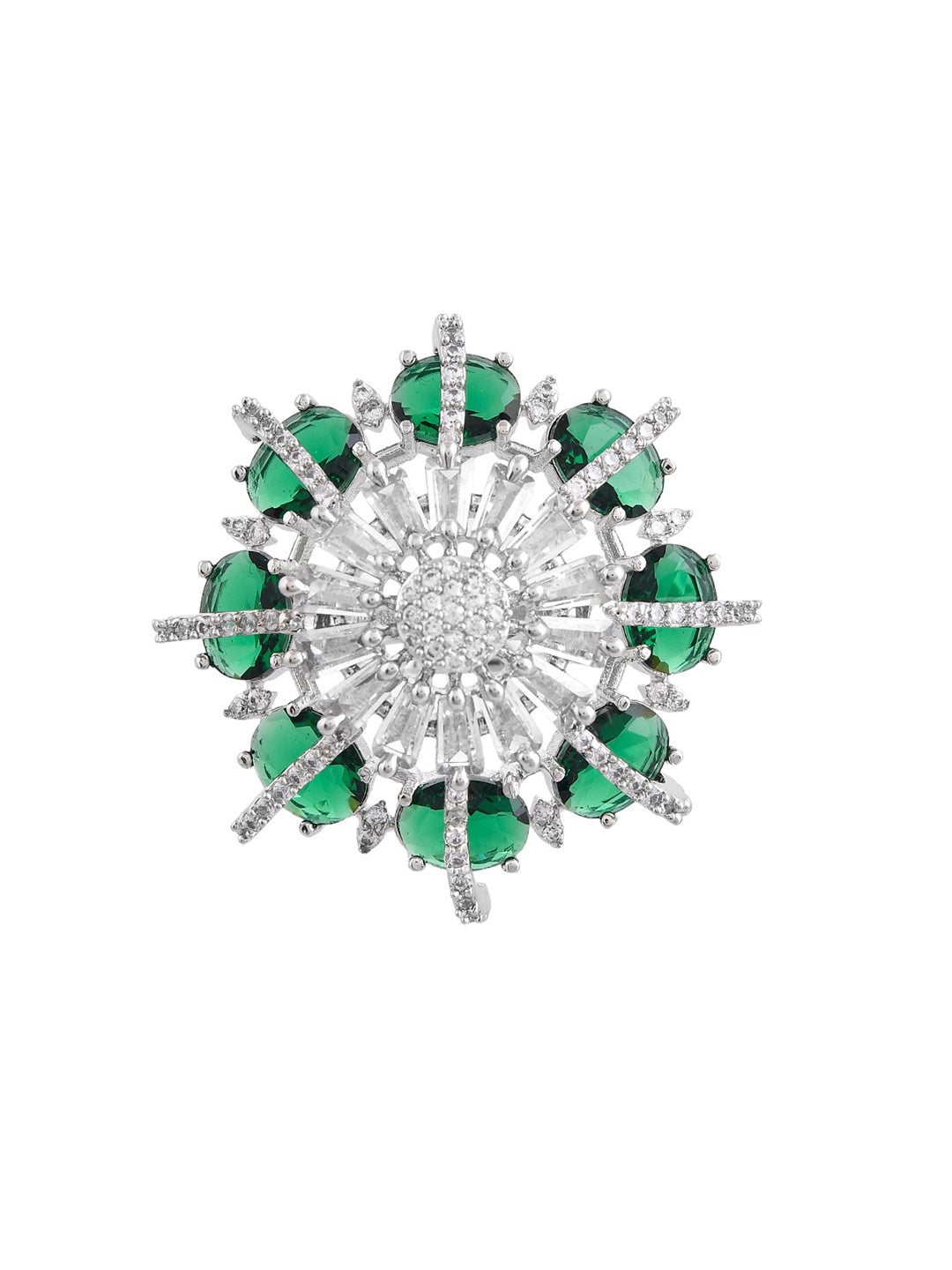 Green American Diamond & Silver Plated Cocktail Ring for Women