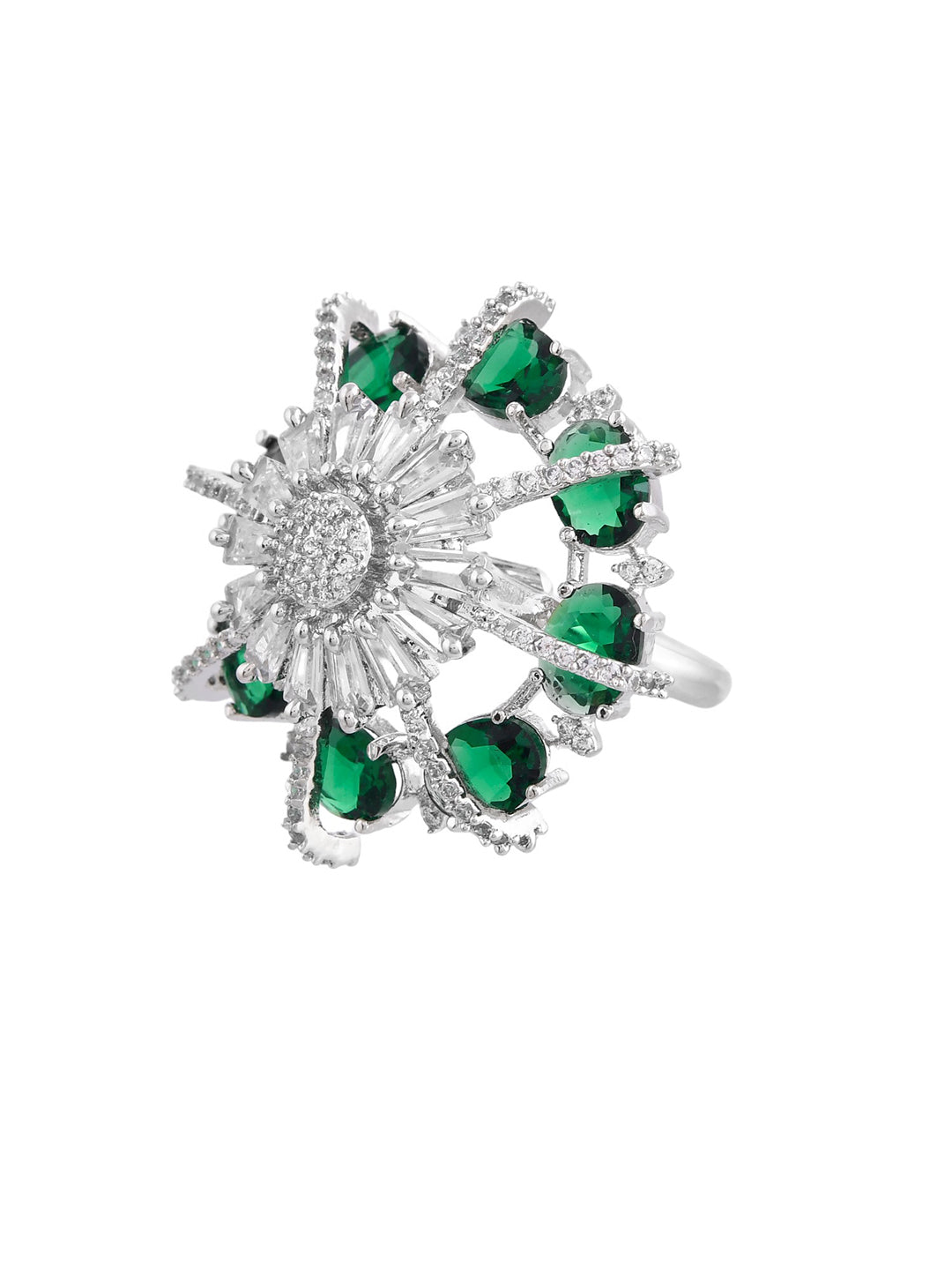 Green American Diamond & Silver Plated Cocktail Ring for Women