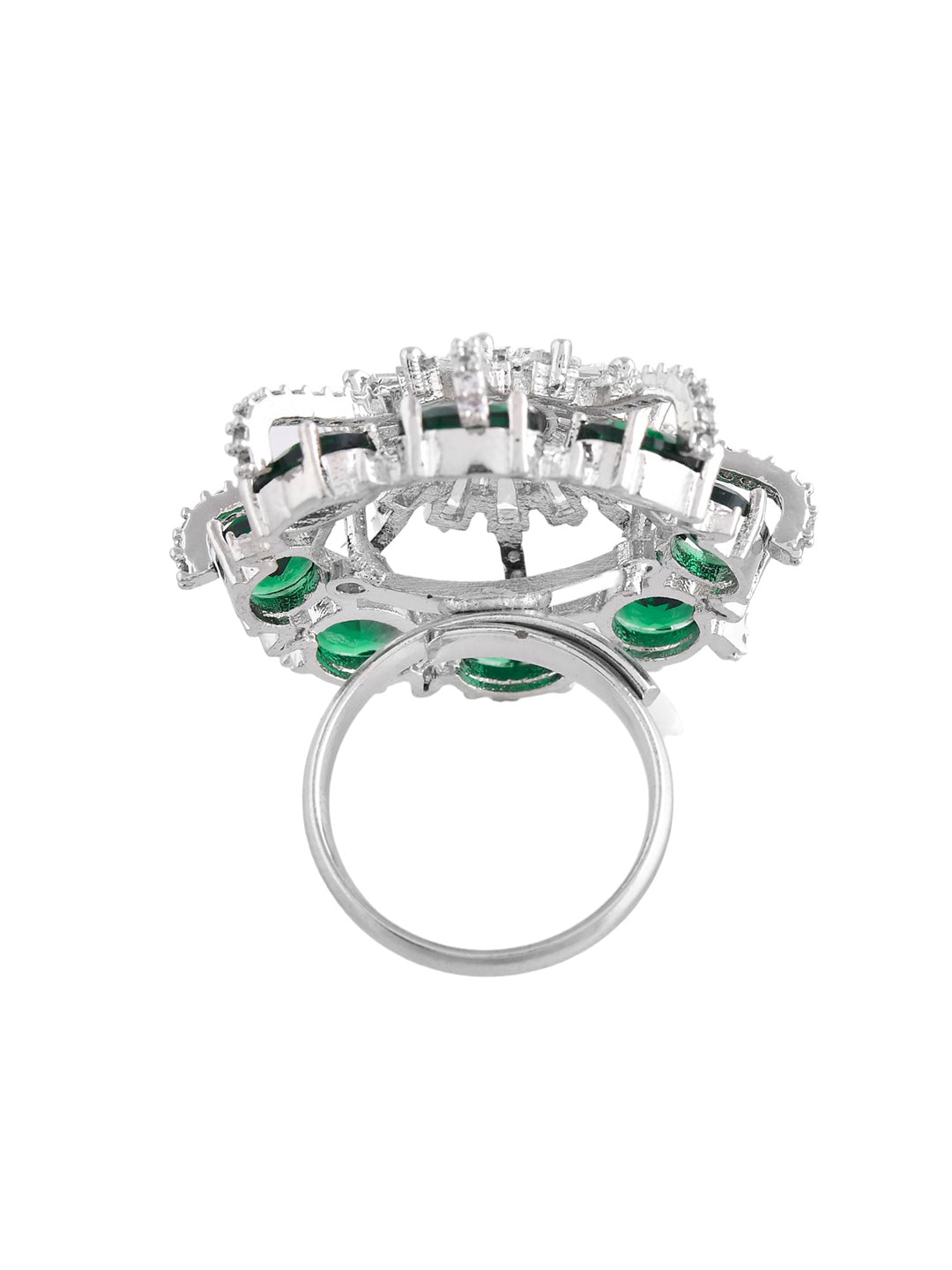 Green American Diamond & Silver Plated Cocktail Ring for Women