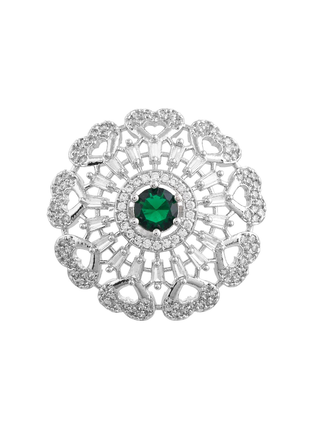 Green American Diamond & Silver Plated Cocktail Ring for Women