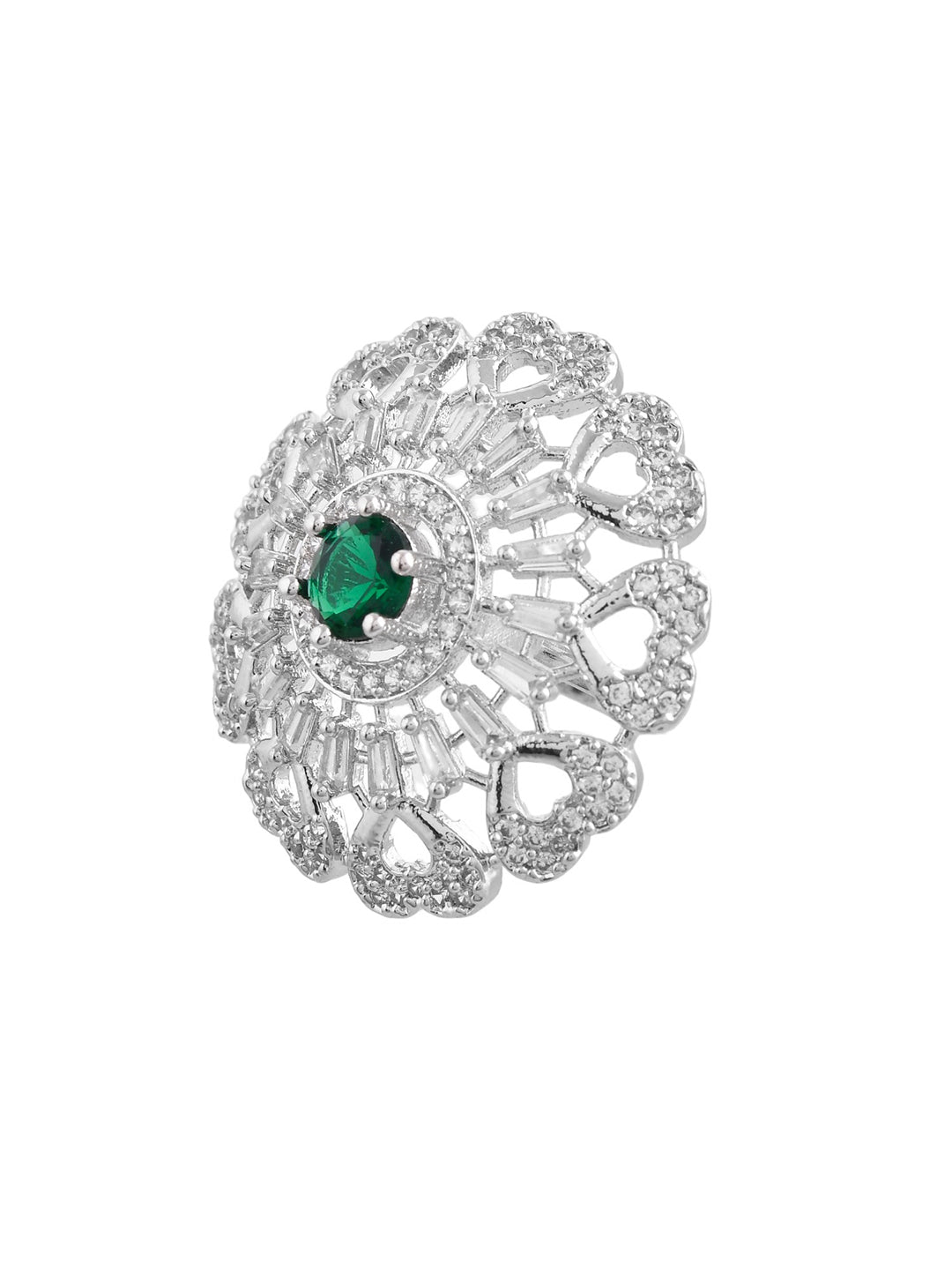 Green American Diamond & Silver Plated Cocktail Ring for Women