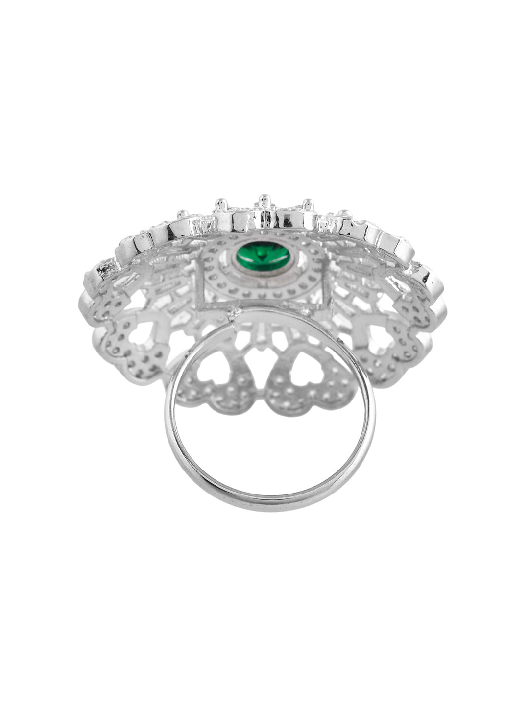 Green American Diamond & Silver Plated Cocktail Ring for Women