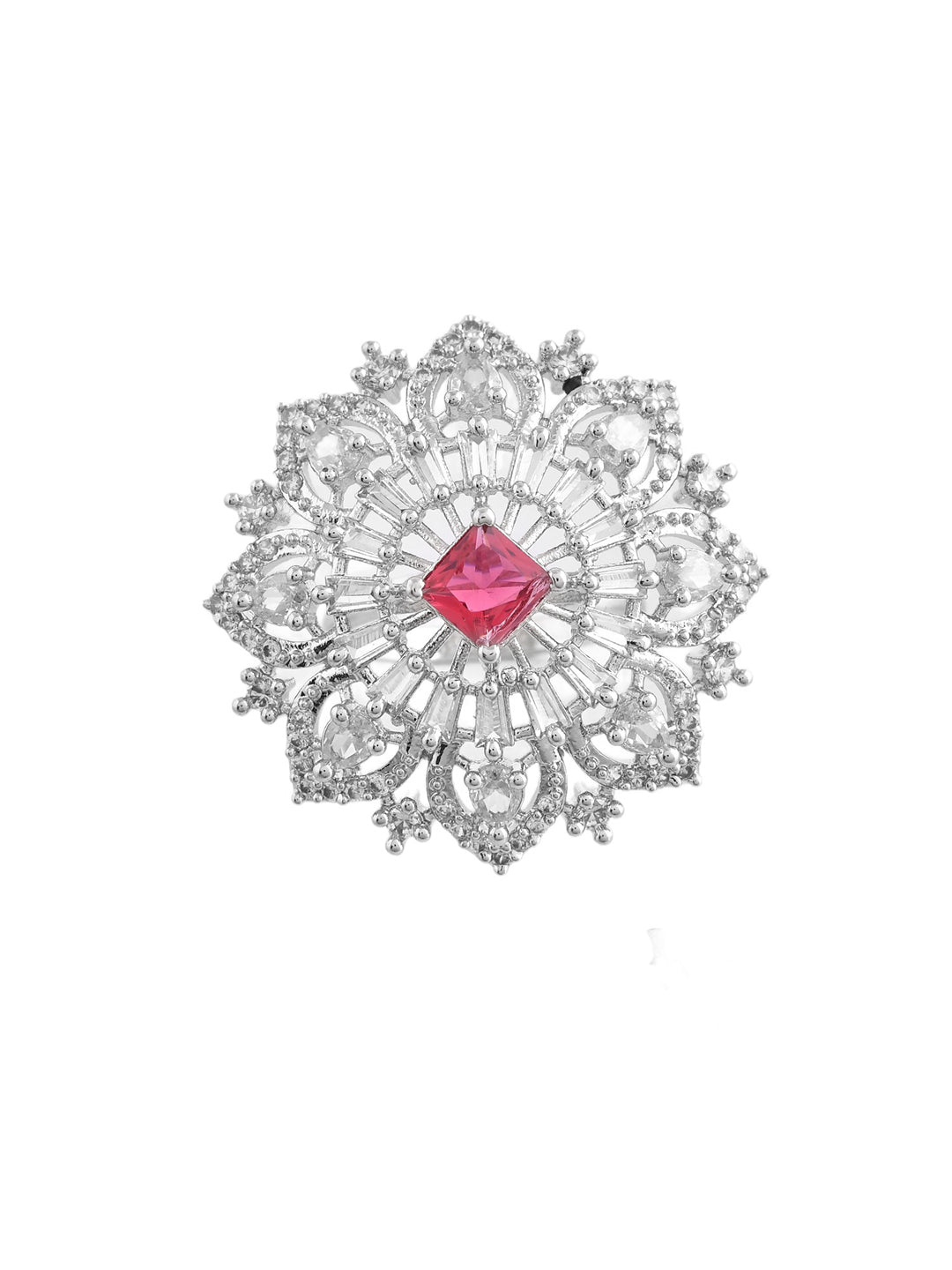 Pink American Diamond & Silver Plated Cocktail Ring for Women