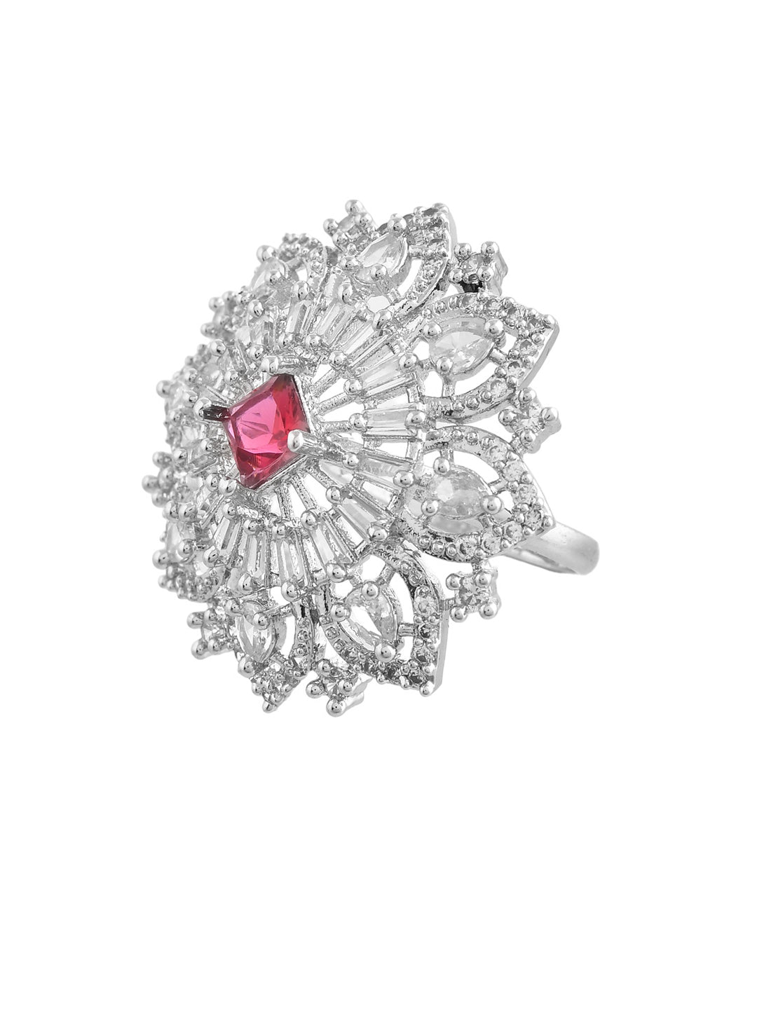 Pink American Diamond & Silver Plated Cocktail Ring for Women