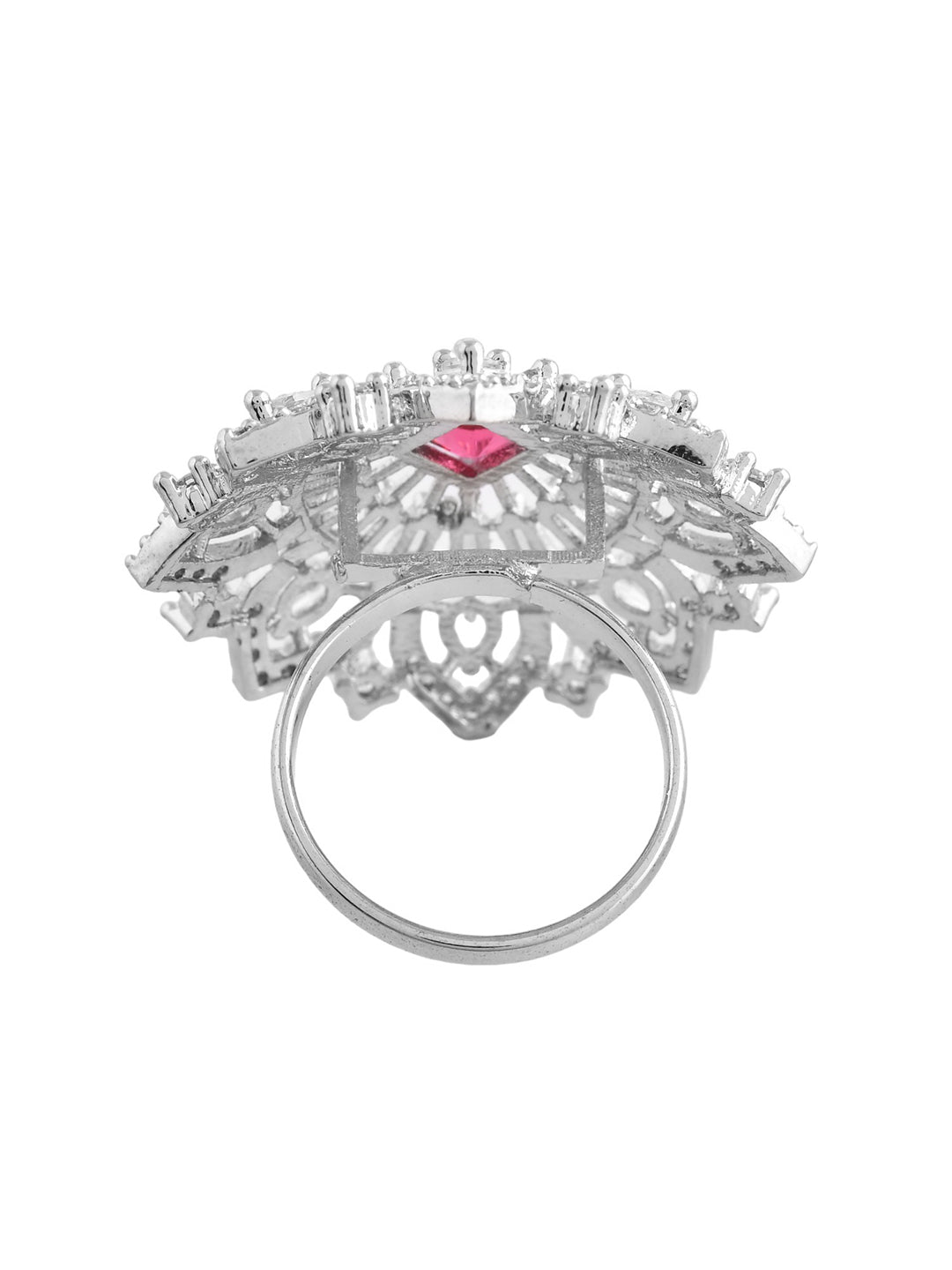 Pink American Diamond & Silver Plated Cocktail Ring for Women