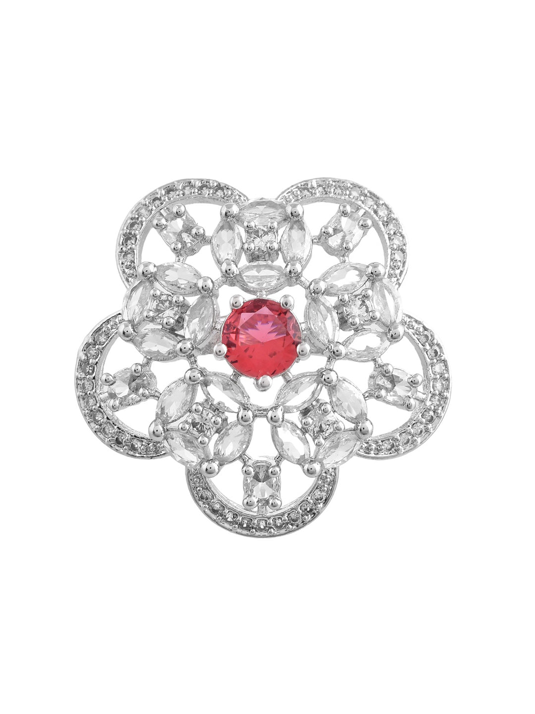 Red American Diamond & Silver Plated Cocktail Ring for Women