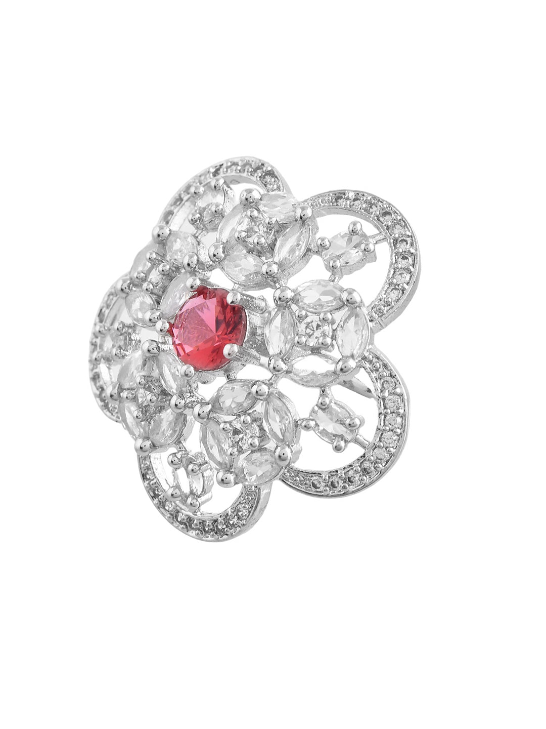 Red American Diamond & Silver Plated Cocktail Ring for Women