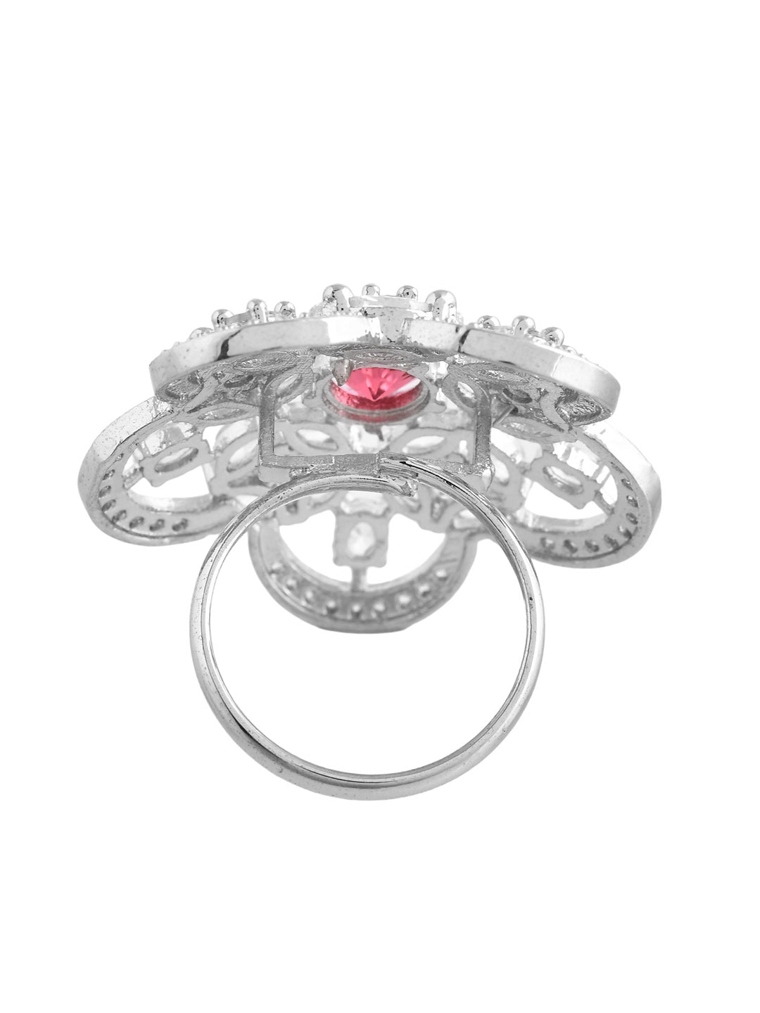 Red American Diamond & Silver Plated Cocktail Ring for Women