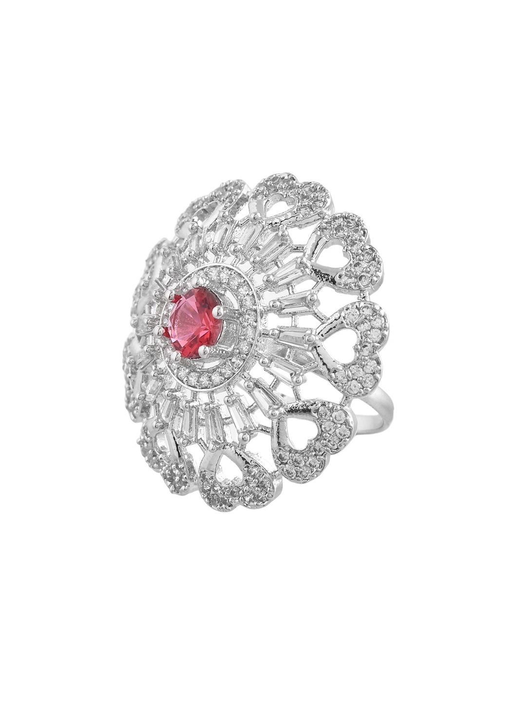 Pink American Diamond & Silver Plated Cocktail Ring for Women