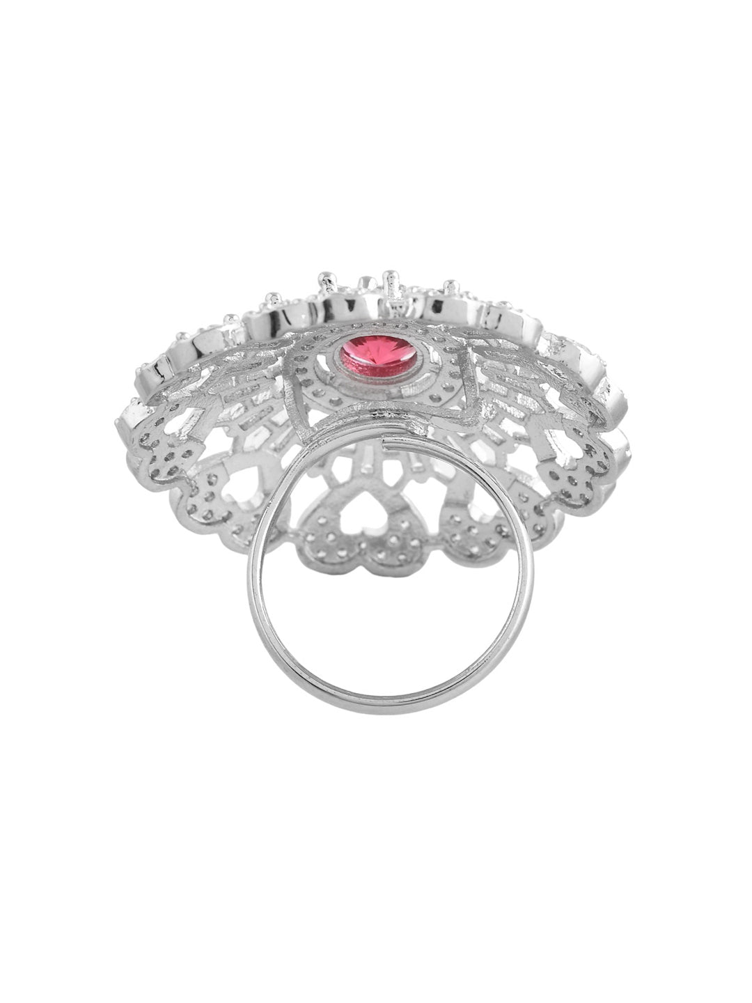 Pink American Diamond & Silver Plated Cocktail Ring for Women