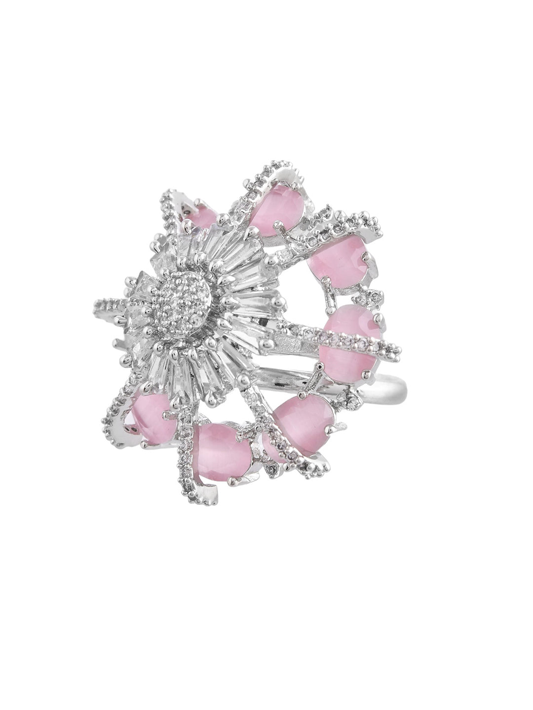 Pink American Diamond & Silver Plated Cocktail Ring for Women