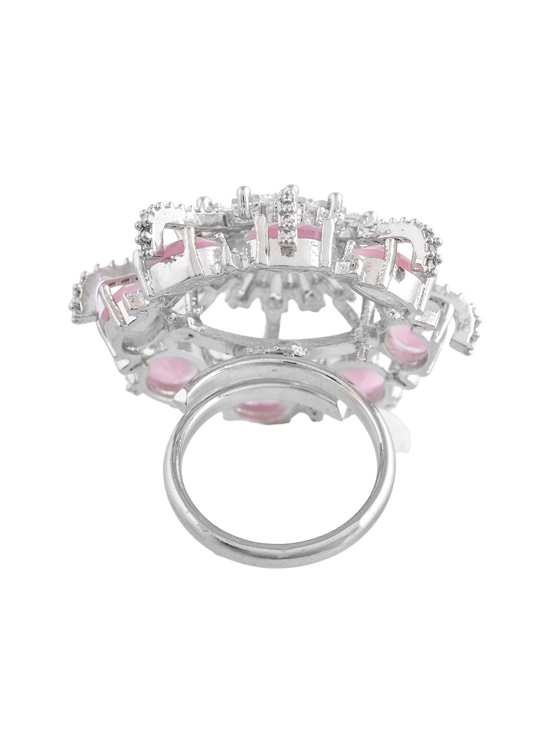 Pink American Diamond & Silver Plated Cocktail Ring for Women