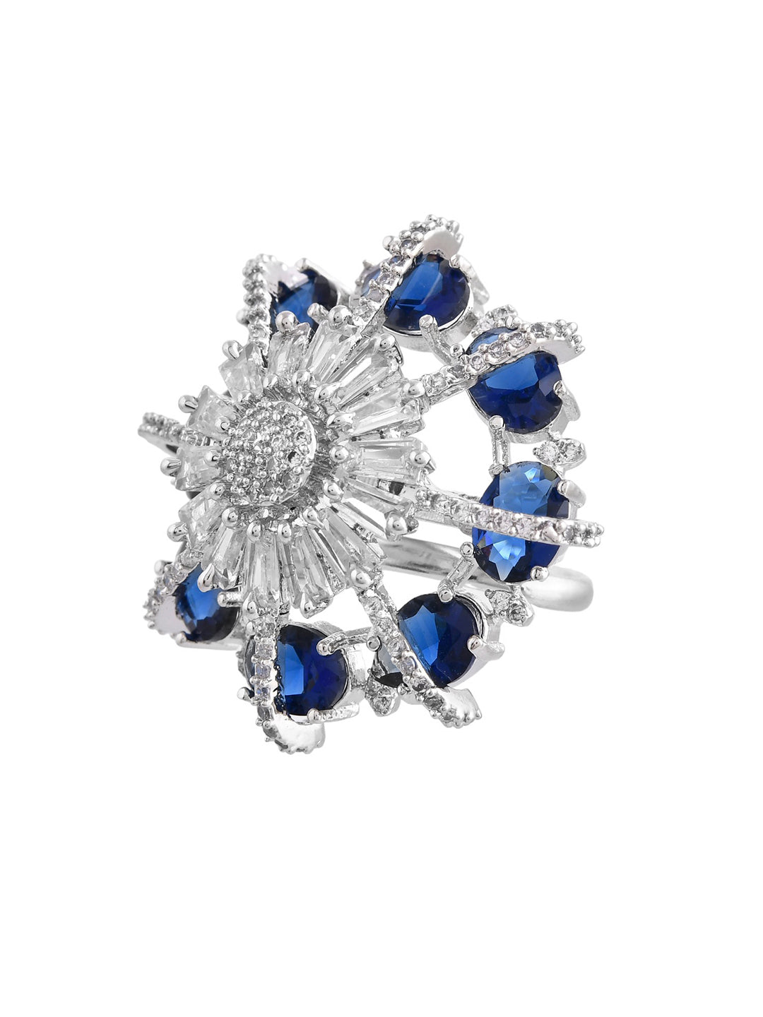 Blue American Diamond & Silver Plated Cocktail Ring for Women