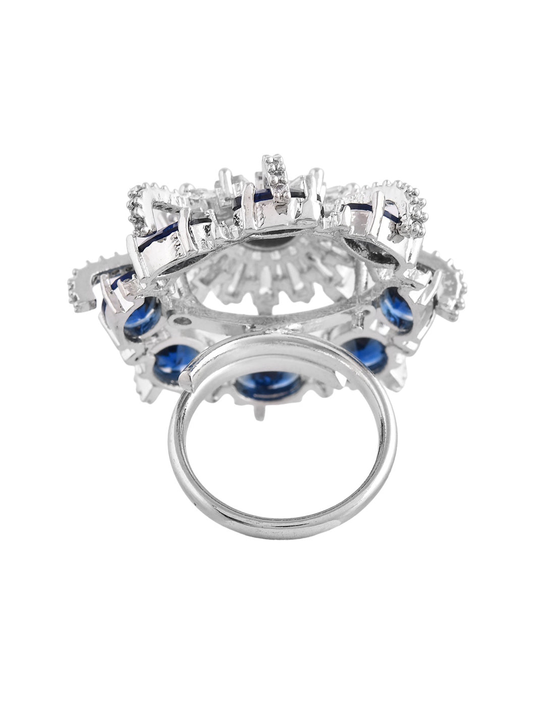 Blue American Diamond & Silver Plated Cocktail Ring for Women