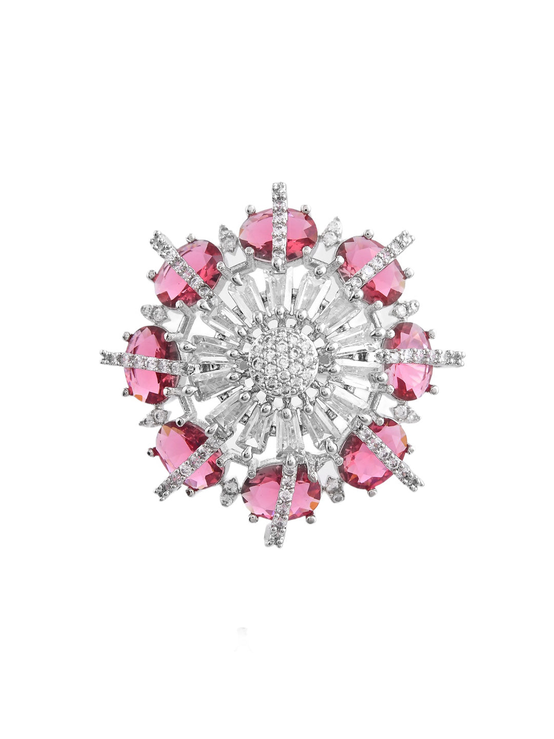 Pink American Diamond & Silver Plated Cocktail Ring for Women