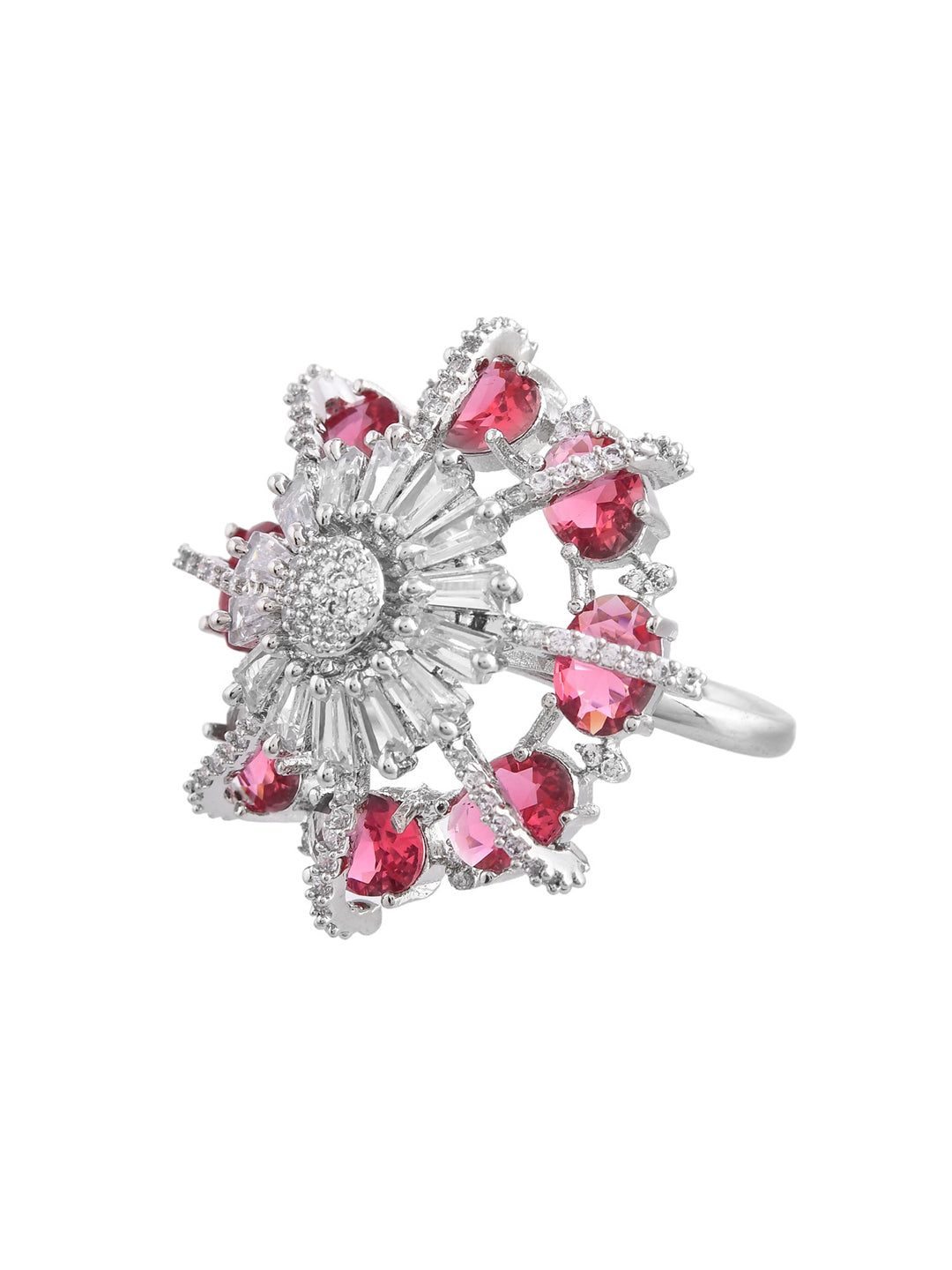 Pink American Diamond & Silver Plated Cocktail Ring for Women