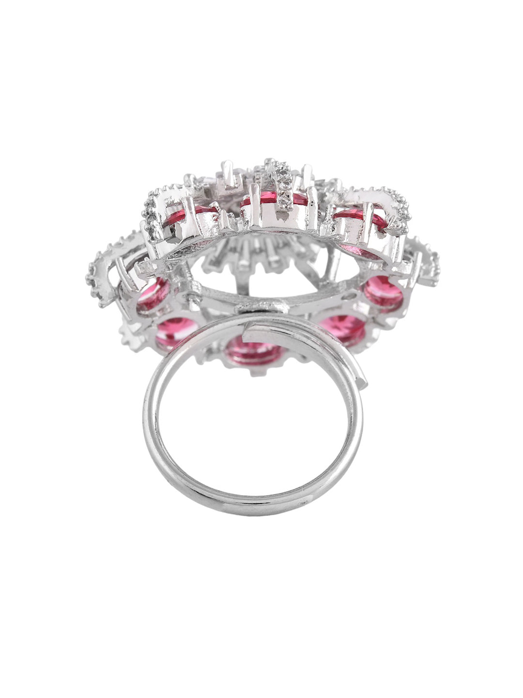 Pink American Diamond & Silver Plated Cocktail Ring for Women