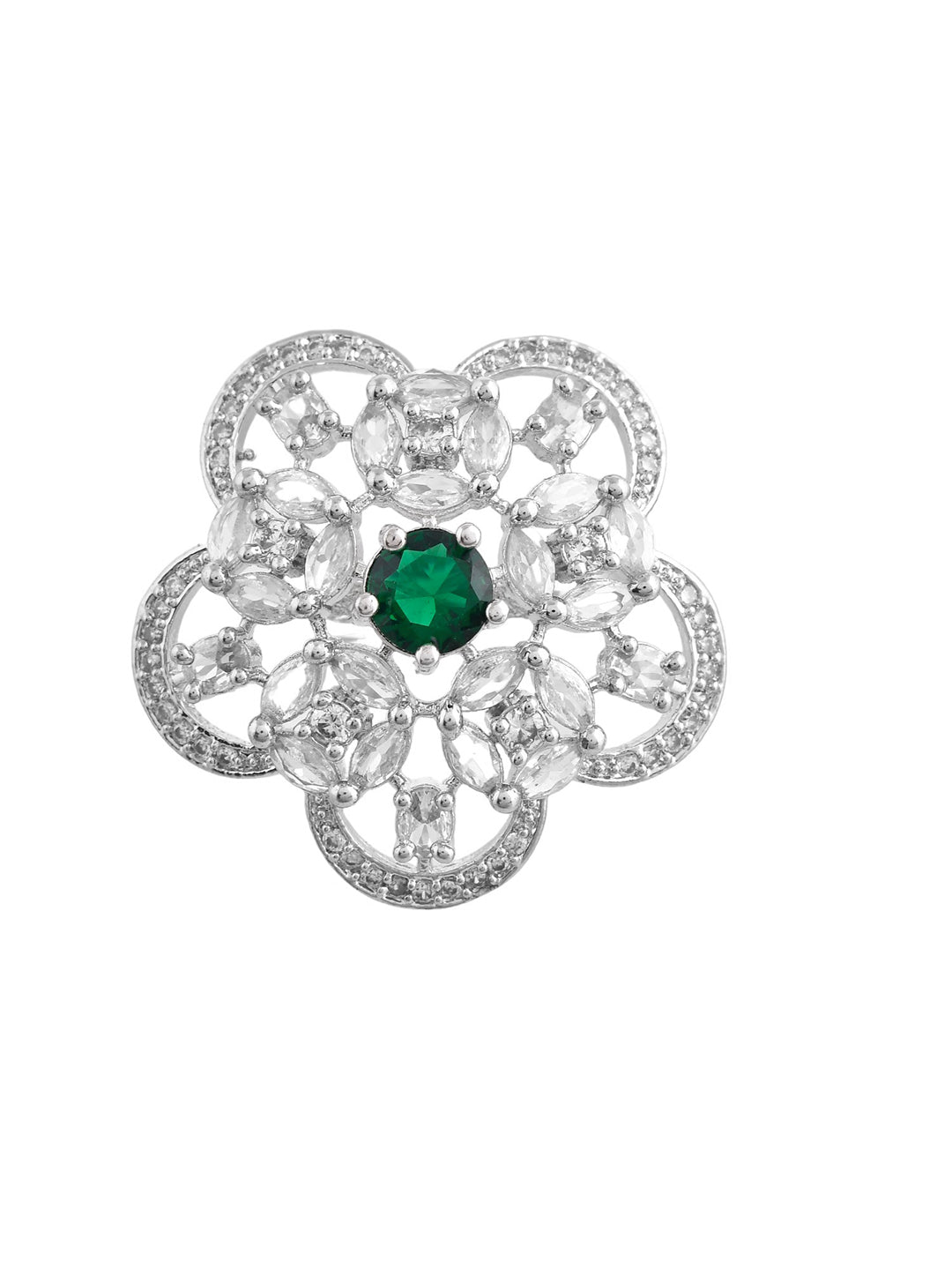 Green American Diamond & Silver Plated Cocktail Ring for Women