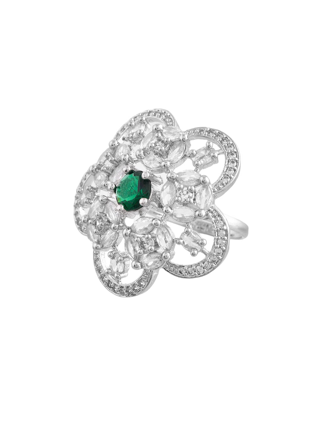 Green American Diamond & Silver Plated Cocktail Ring for Women