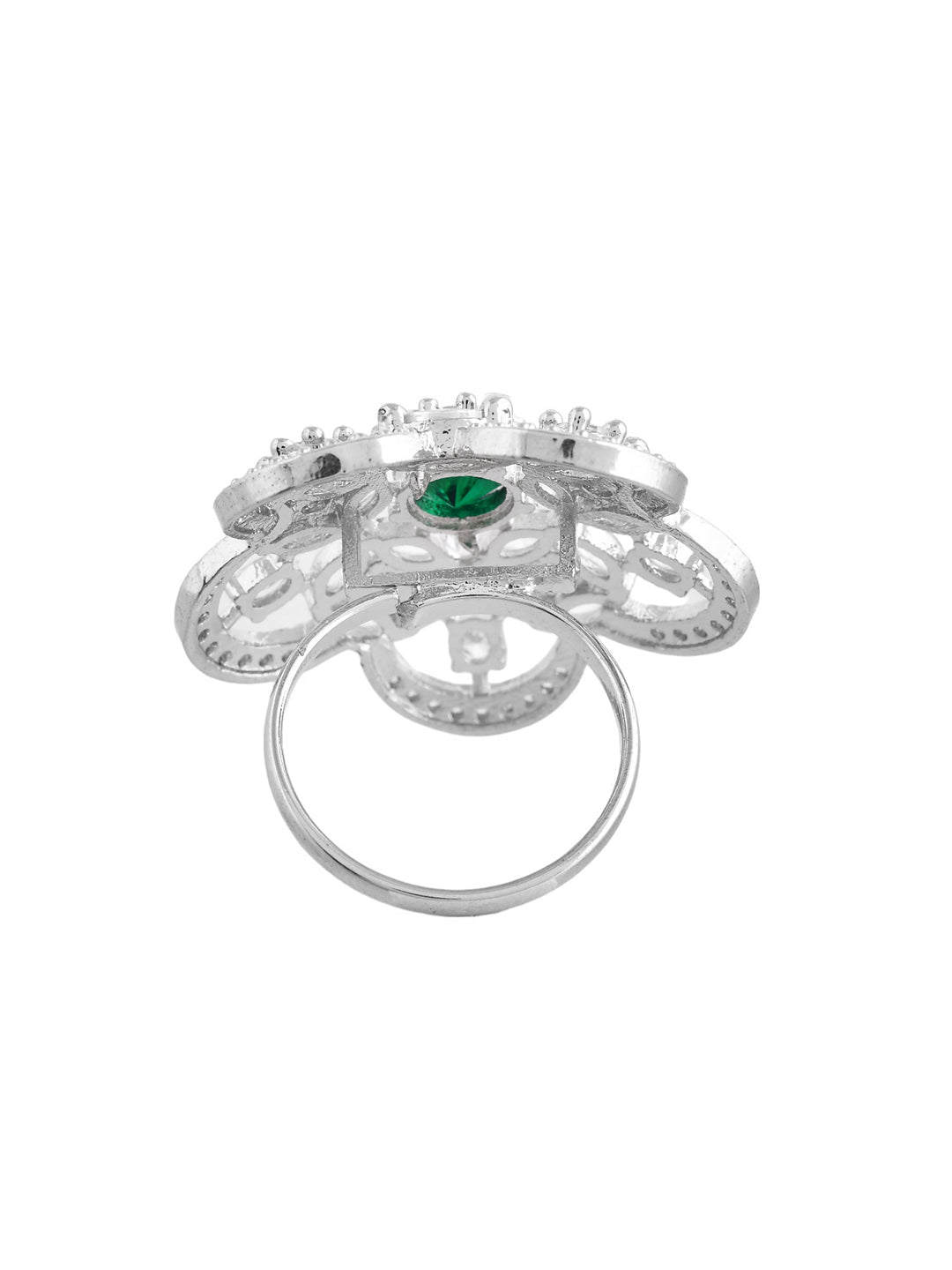 Green American Diamond & Silver Plated Cocktail Ring for Women