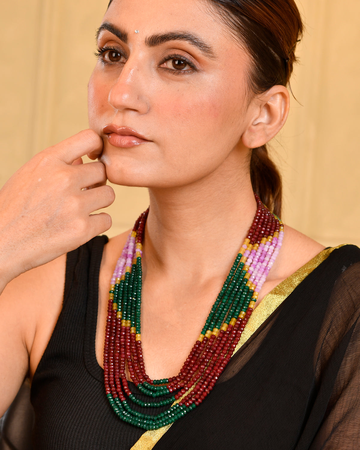 Multicolour Onyx Long Beaded Necklace | Festive Wear Long Mala for Women & Girls