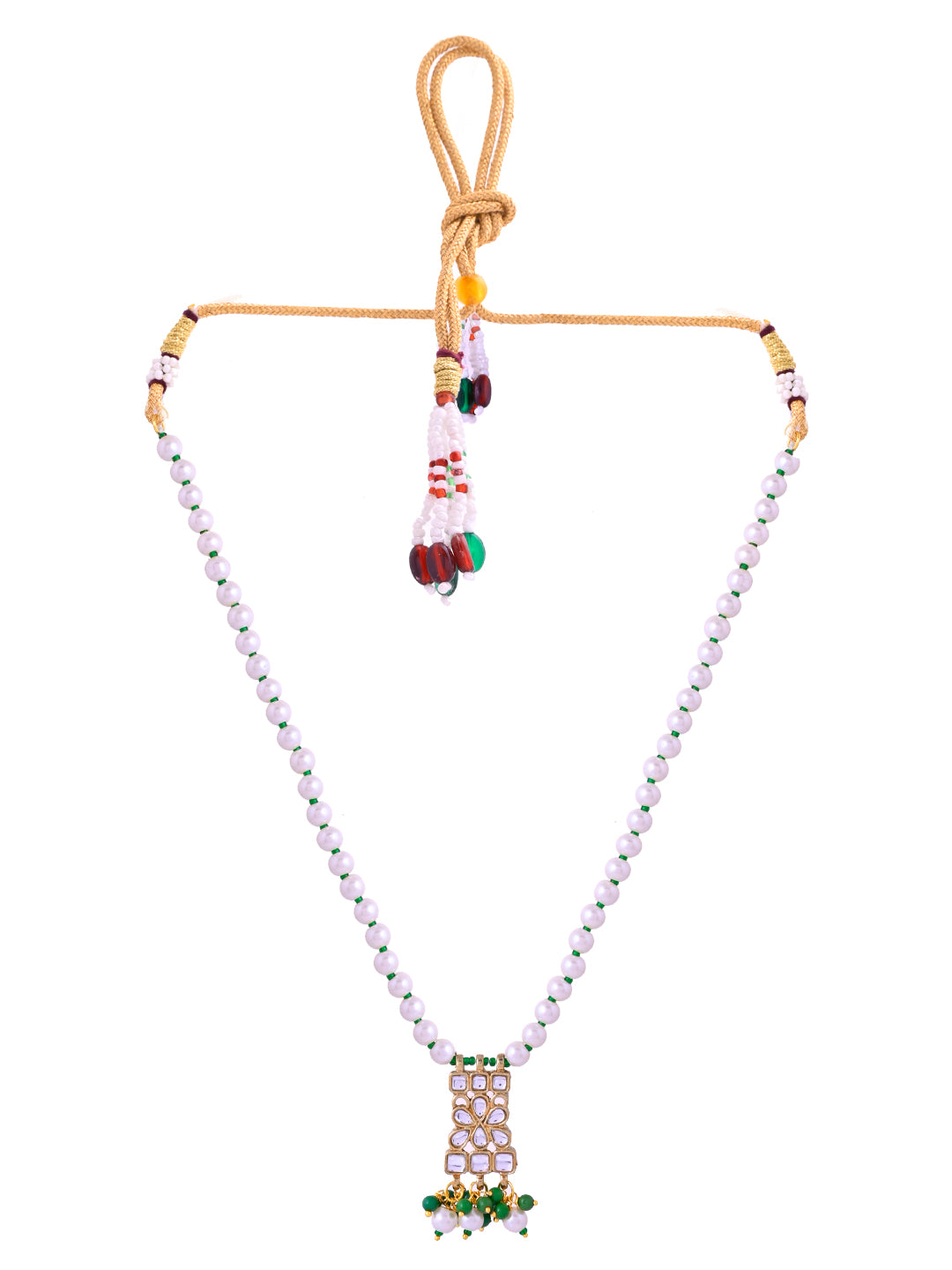 Kundan Pearl & Green Bead Necklace Set For Women