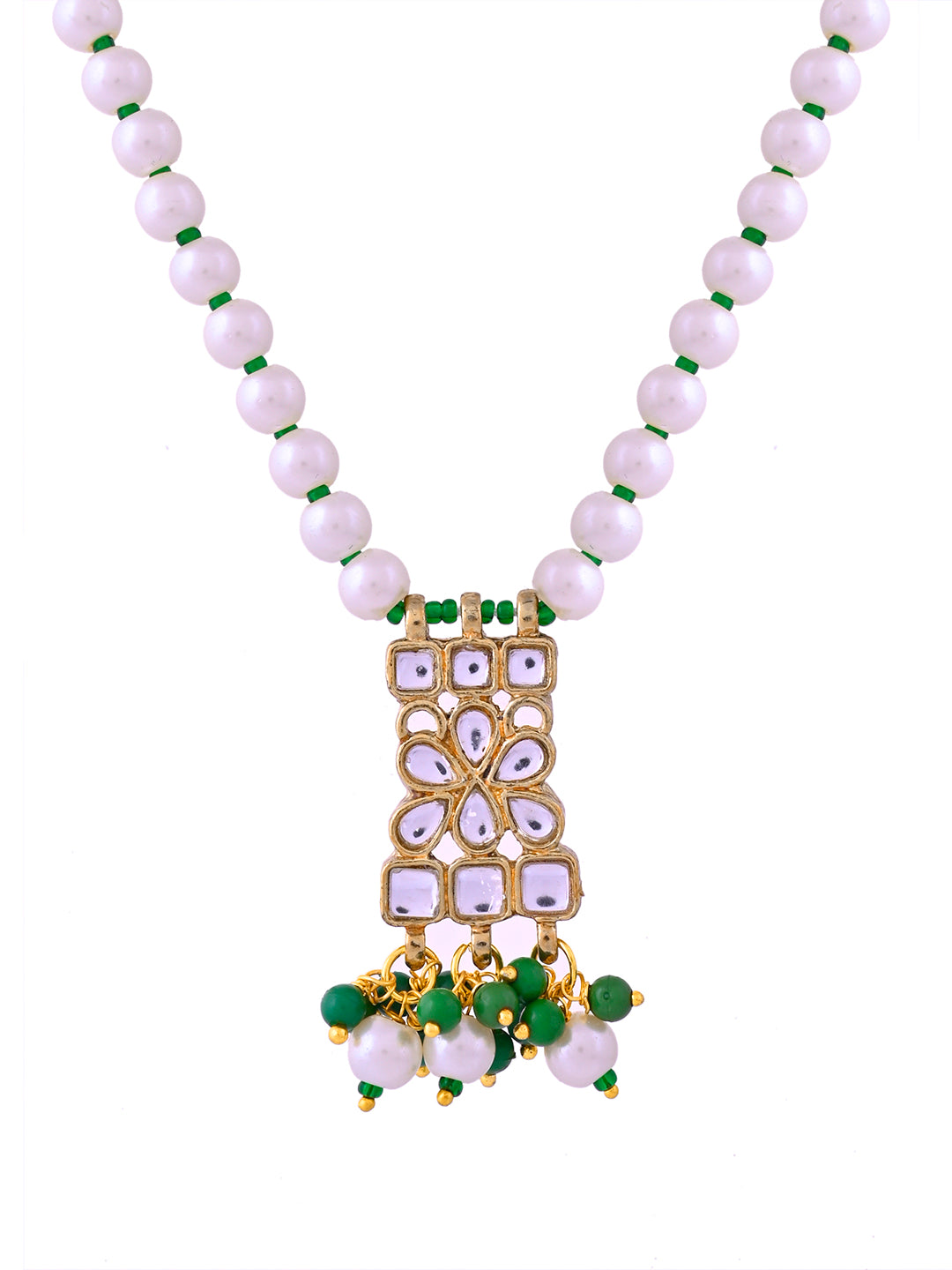 Kundan Pearl & Green Bead Necklace Set For Women