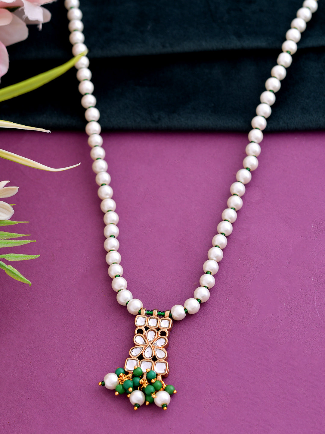 Kundan Pearl & Green Bead Necklace Set For Women