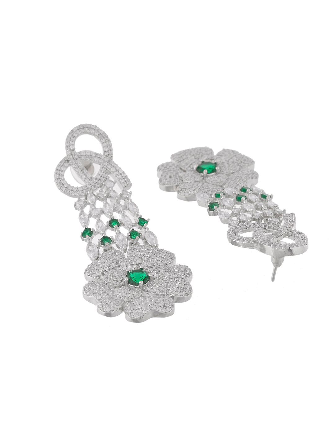 Green American Diamond Silver Plated Earrings | Ethnic Earrings