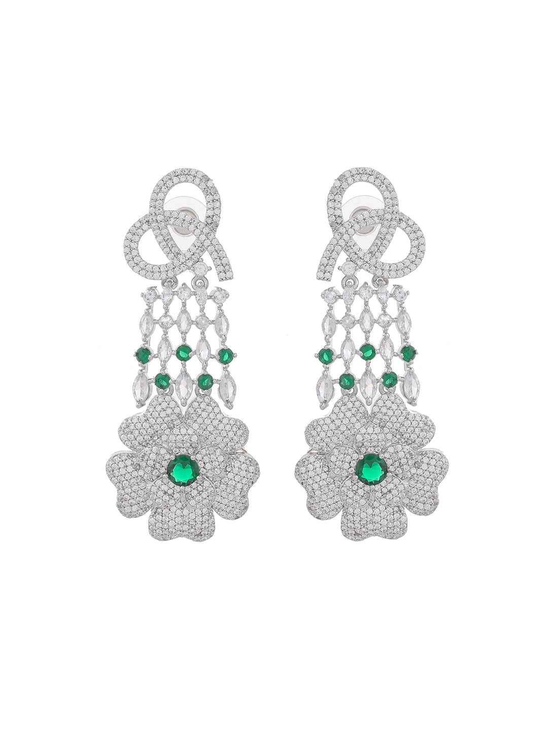 Green American Diamond Silver Plated Earrings | Ethnic Earrings