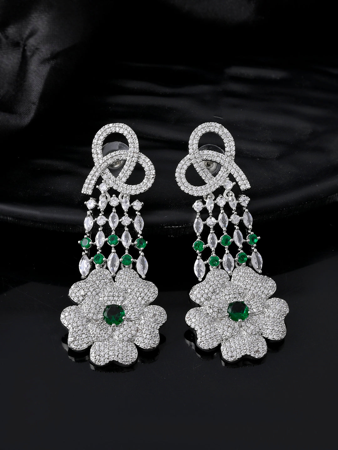 Green American Diamond Silver Plated Earrings | Ethnic Earrings