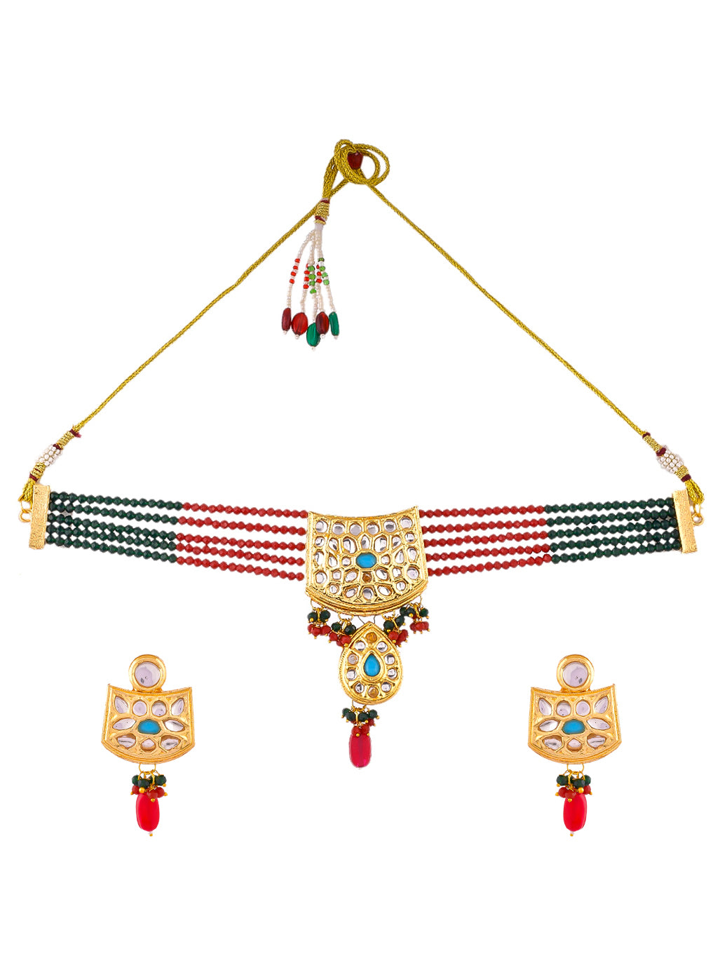 Red Green choker Kundan jewellery Set