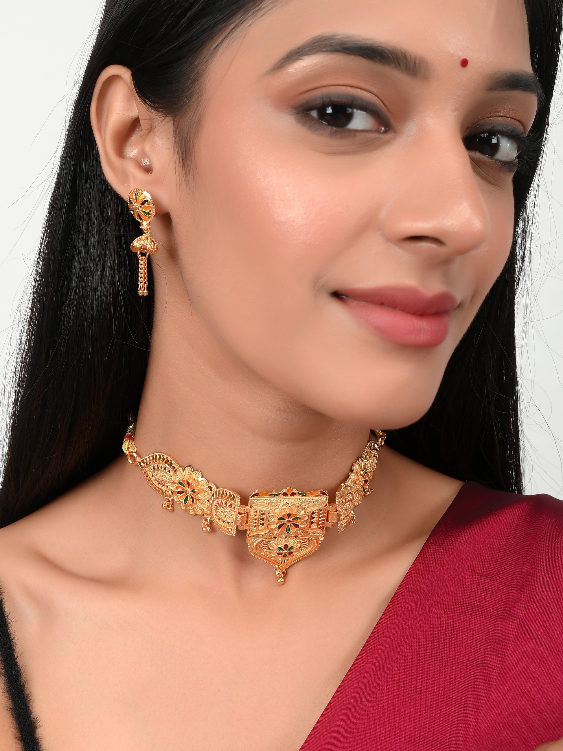 Gold-Plated Temple-Studded Jewellery Set