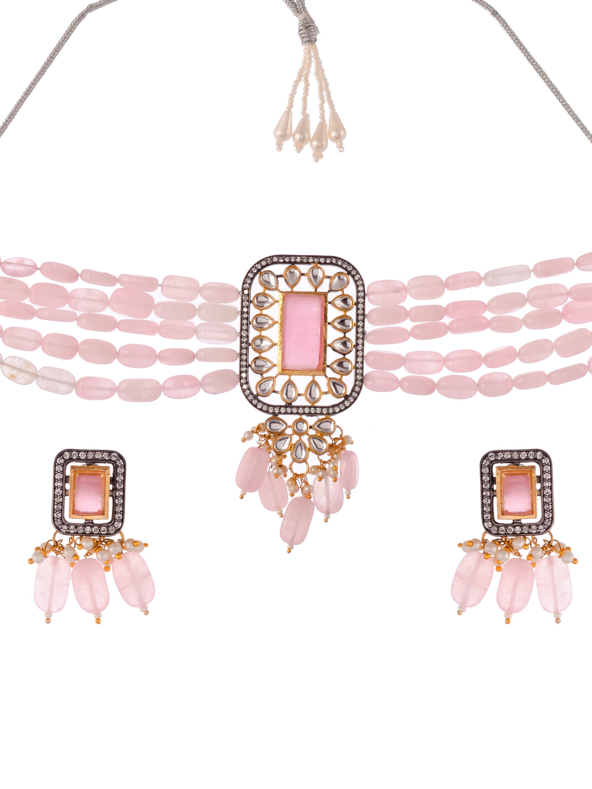 Shop This stunning handcrafted pink beaded kundan Choker jewellery set is the perfect addition to any woman or girl's collection. Made with intricate detail and high-quality materials, this set exudes elegance and sophistication.