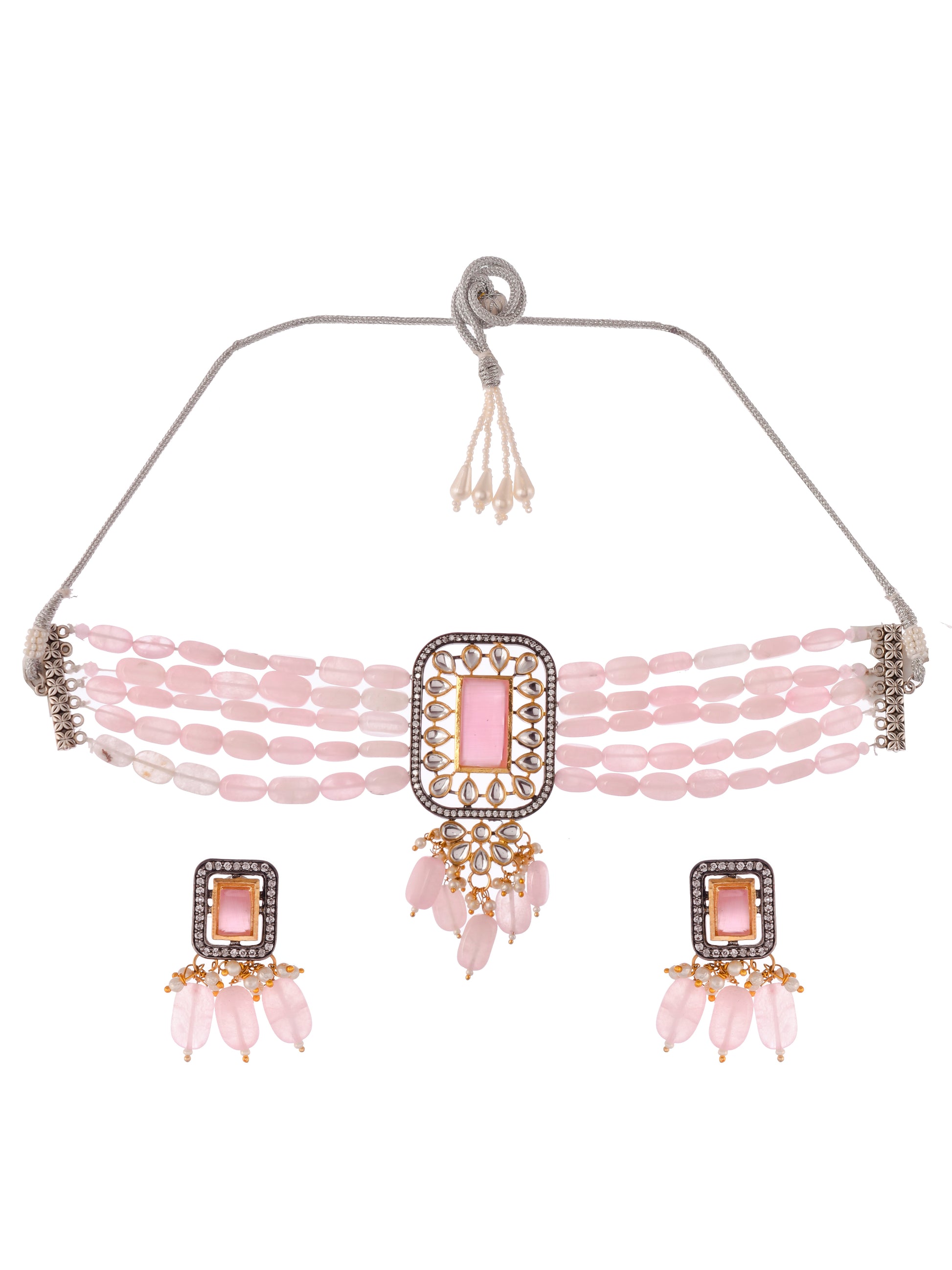 Shop This stunning handcrafted pink beaded kundan Choker jewellery set is the perfect addition to any woman or girl's collection. Made with intricate detail and high-quality materials, this set exudes elegance and sophistication.