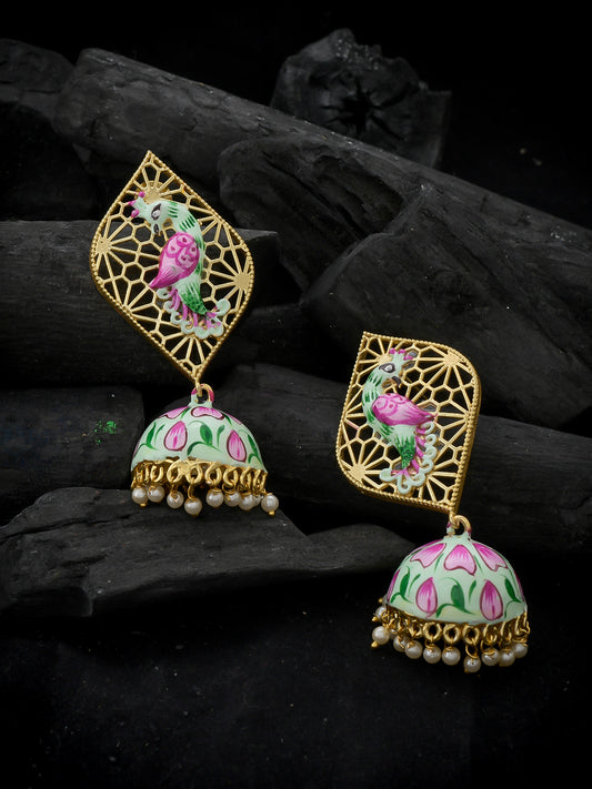 Handpainted Gold Plated Ethnic Jhumka Earrings For Women