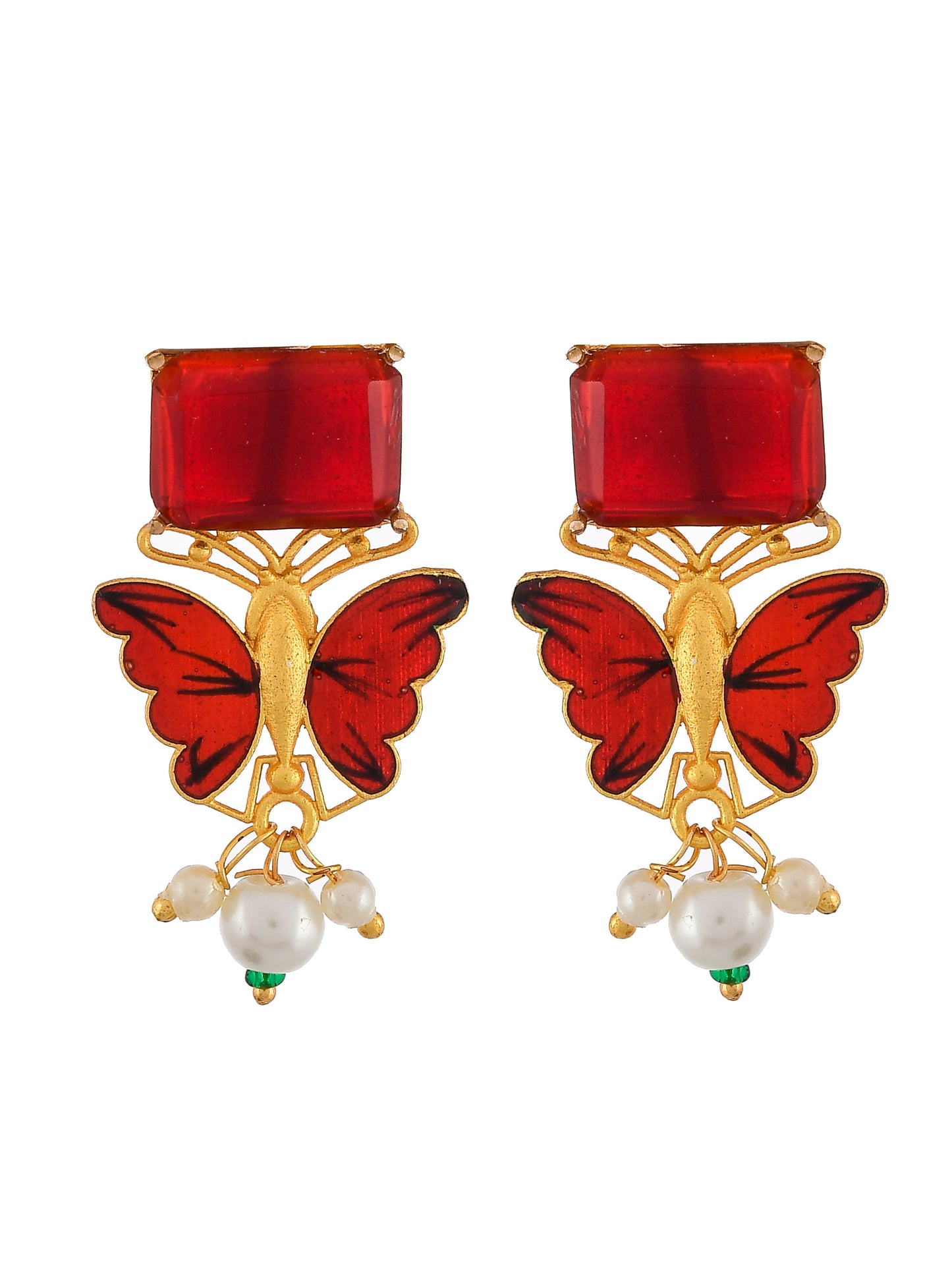 Gold Plated & Red Stone Studded Pearl Beads Butterfly Design Drop Earrings