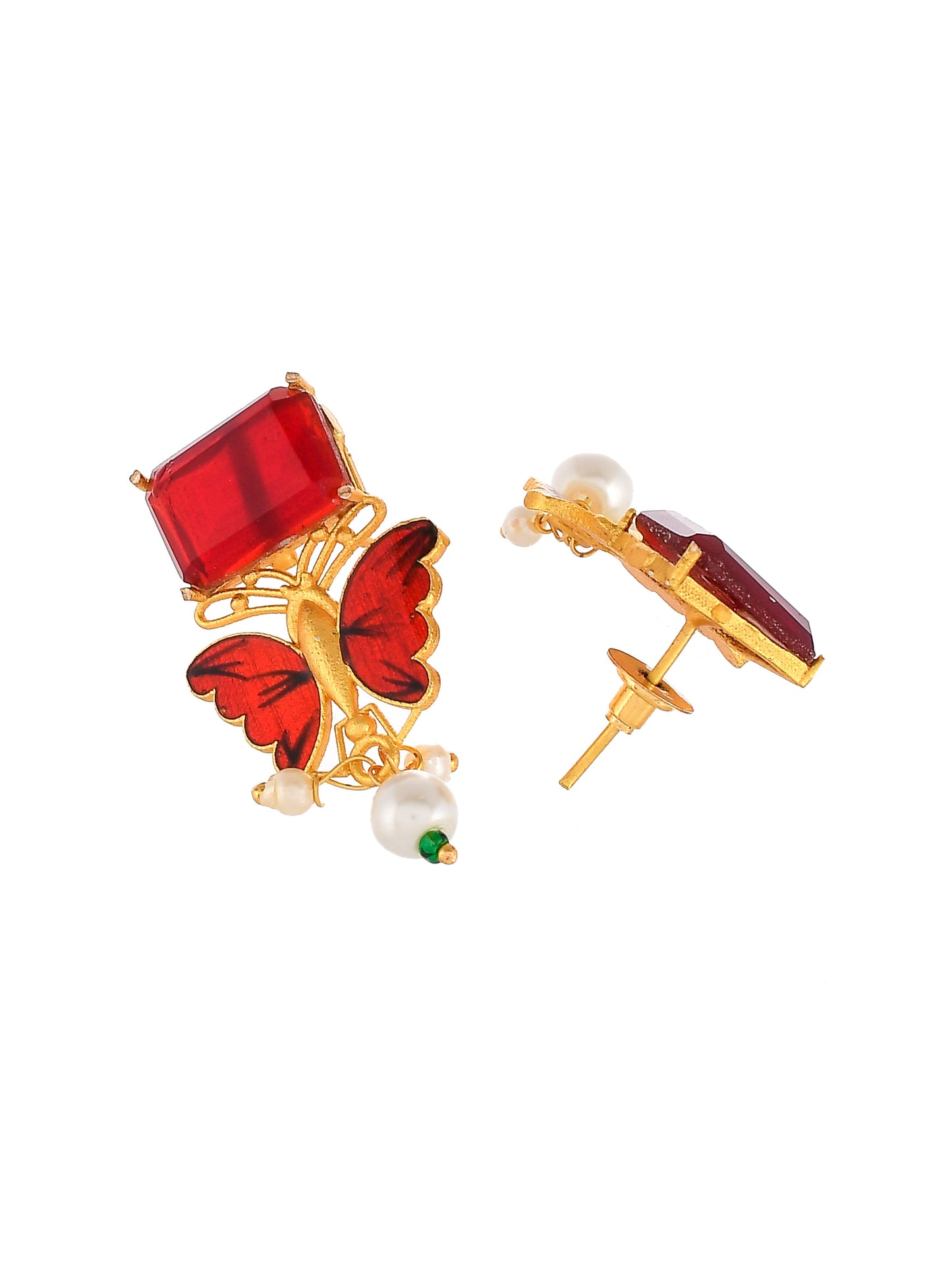 Gold Plated & Red Stone Studded Pearl Beads Butterfly Design Drop Earrings