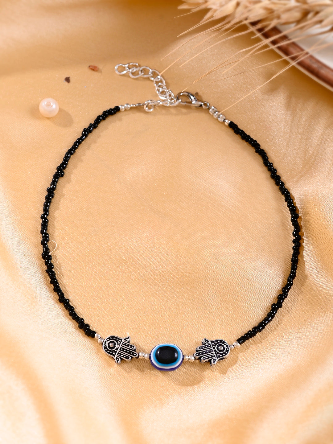 Black beads evil eye anklet