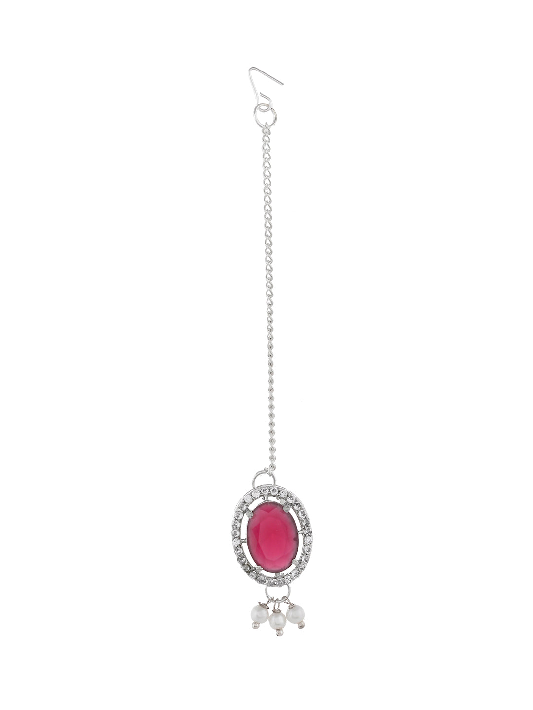 Silver Plated American Diamond Red Stone Maang Tikka for Women

