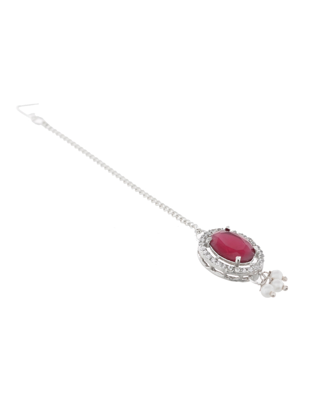Silver Plated American Diamond Red Stone Maang Tikka for Women
