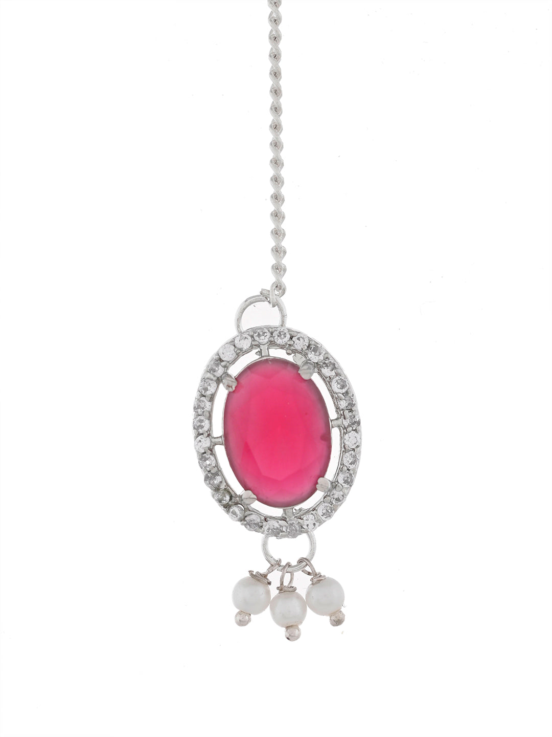 Silver Plated American Diamond Red Stone Maang Tikka for Women
