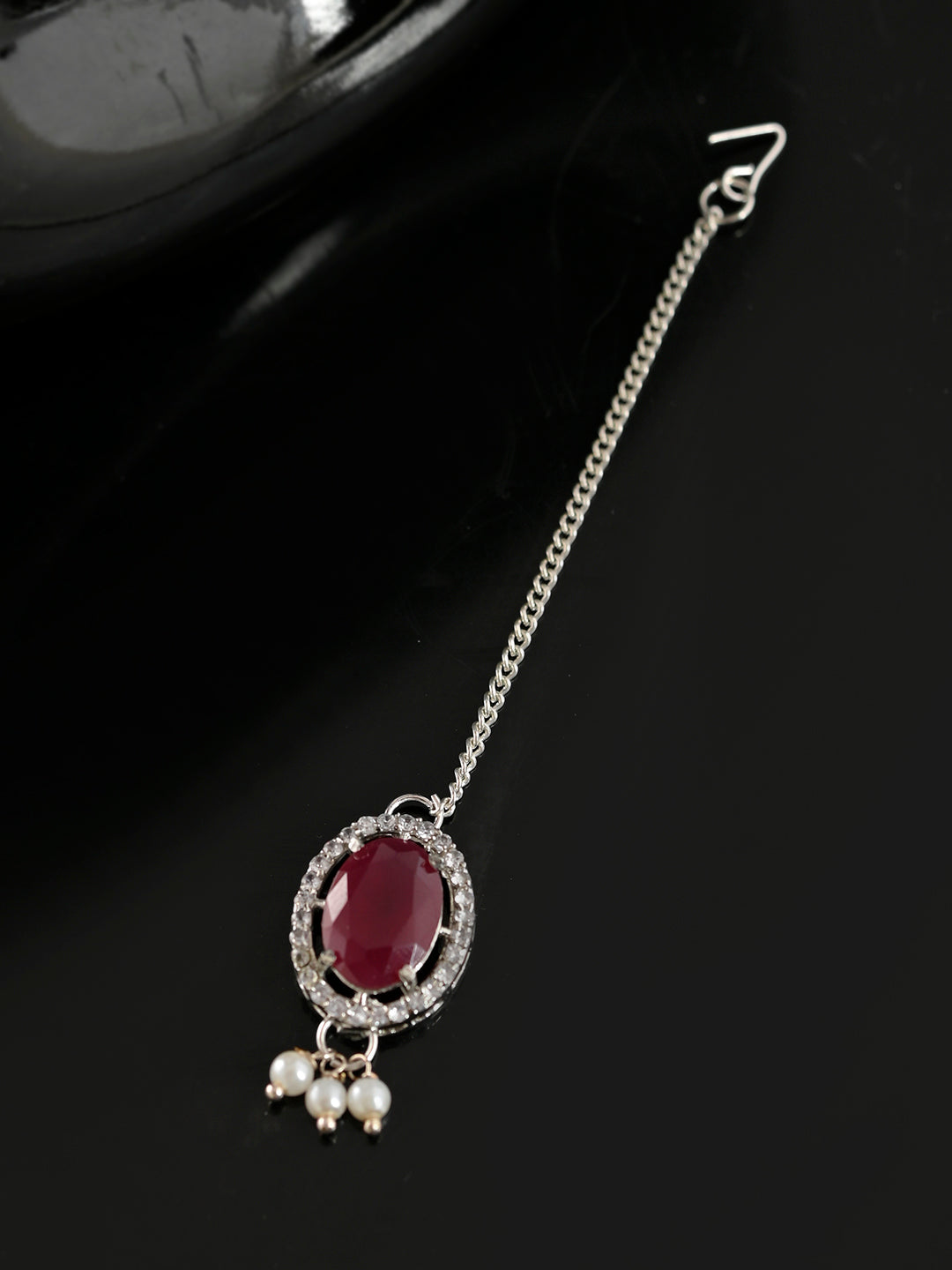 Silver Plated American Diamond Red Stone Maang Tikka for Women

